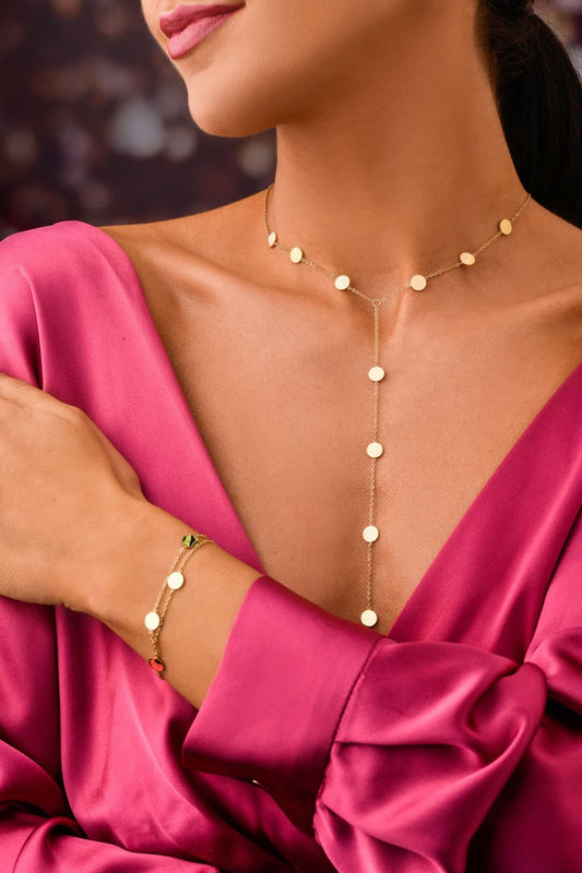 14K Gold Plated Lariat Necklace with Small Flat Discs