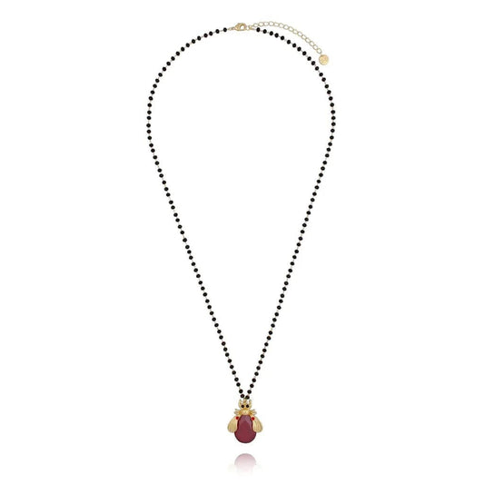 Long Black Crystal Necklace with Large Red Beetle Midnight