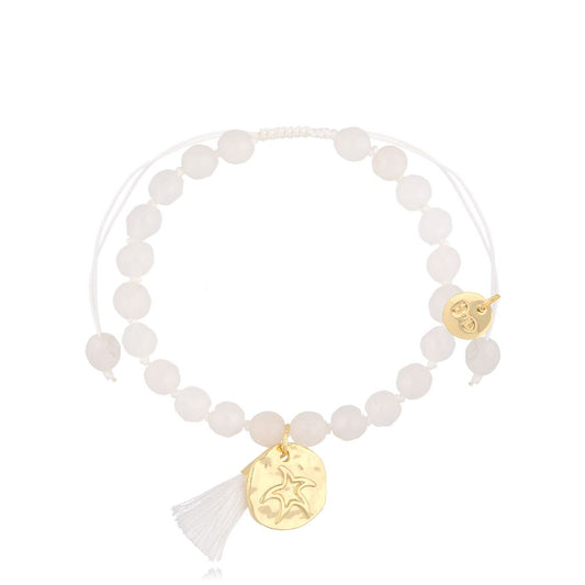 White Jadeite Stones Bracelet with Fringe and Gold Pendant
