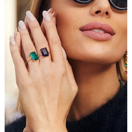 Rose Gold Rectangle Clear Green Self Adjustable Ring