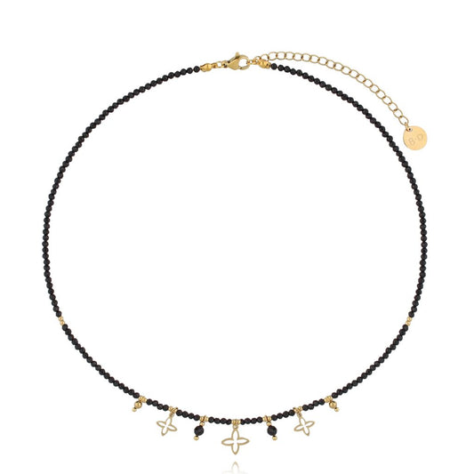 Gold Plated Black Tourmaline Stones Necklace with Gold Plated Lily Flowers