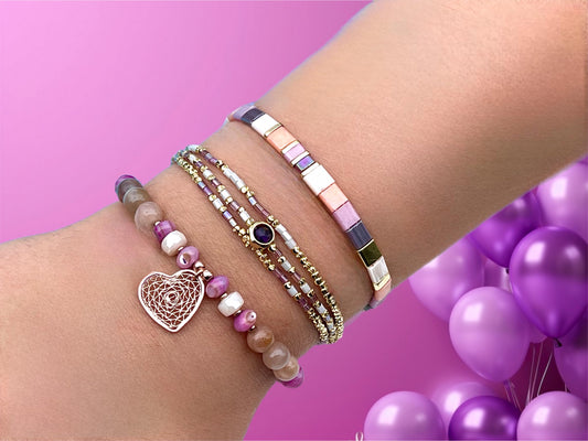 Rose Gold Heart Bracelet with Natural Sun Stone & Shell