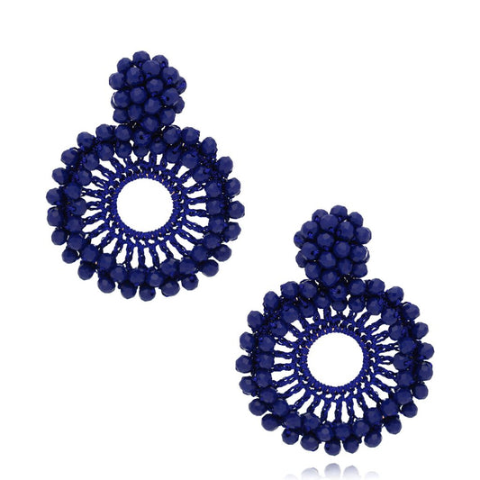 Sparkling Dark Blue Faceted Glass Round Crystals Earrings