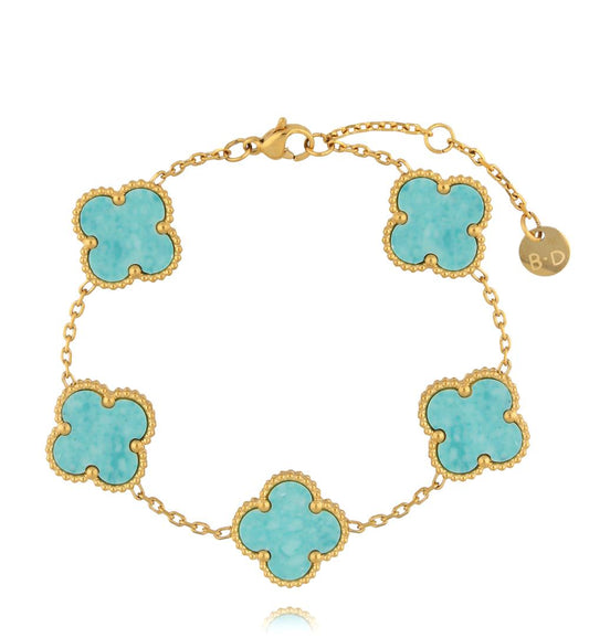 Gold Plated Tiffany Turquoise Clovers Bracelet 0337