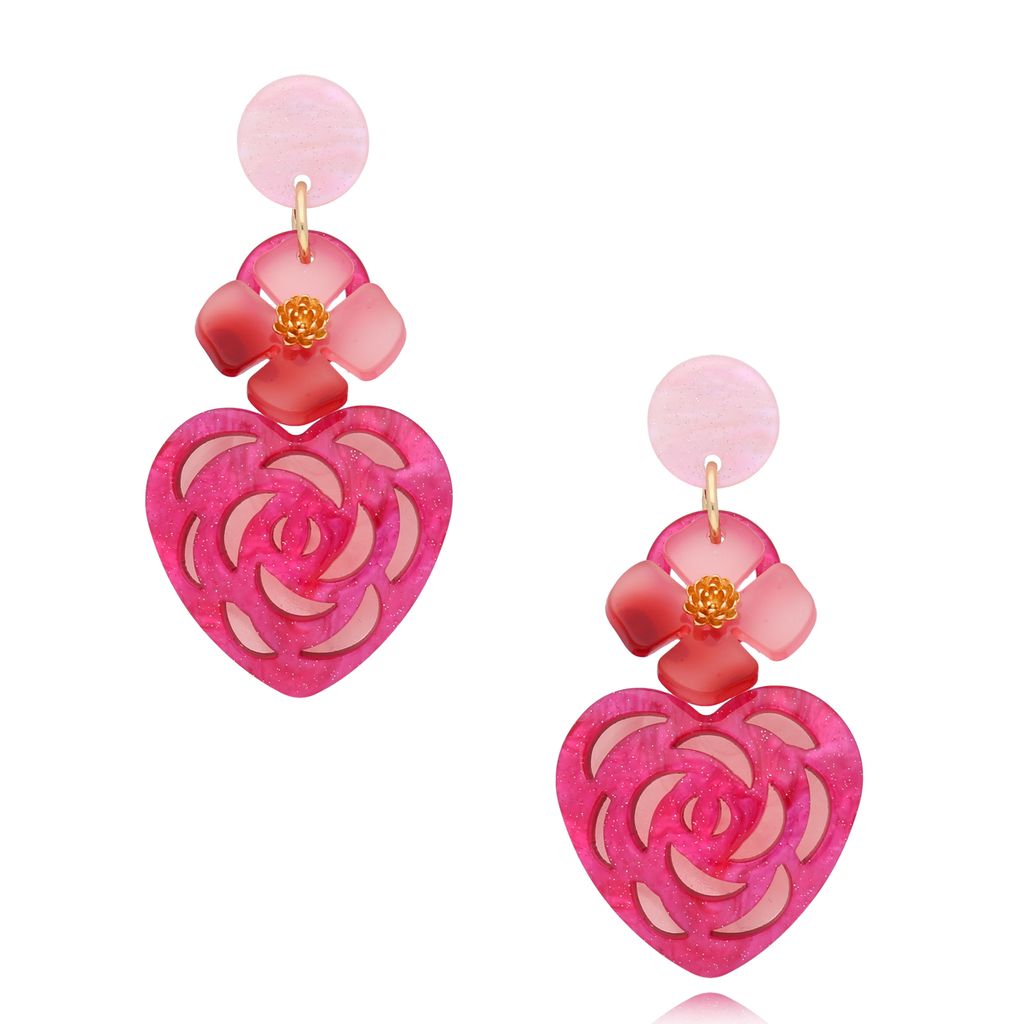 Pink Rose Heart and Flower Earrings