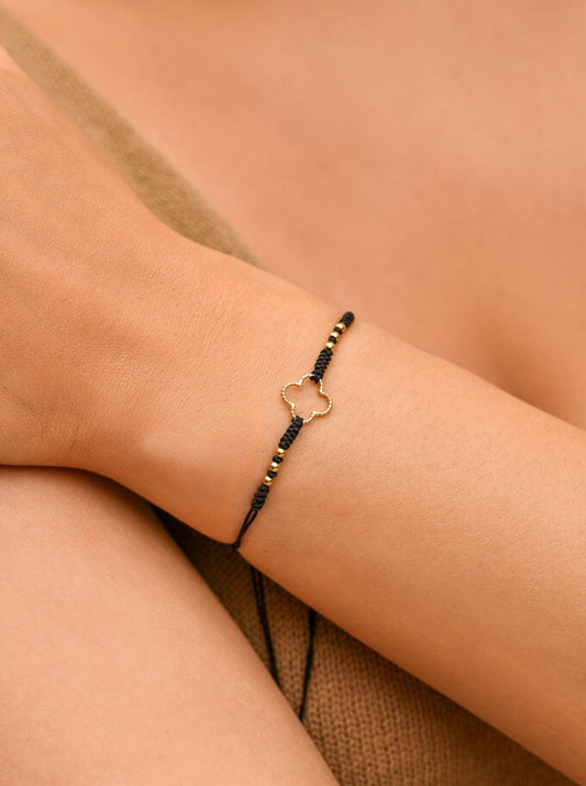 Good Luck Black String Bracelet with Gold Plated Clover