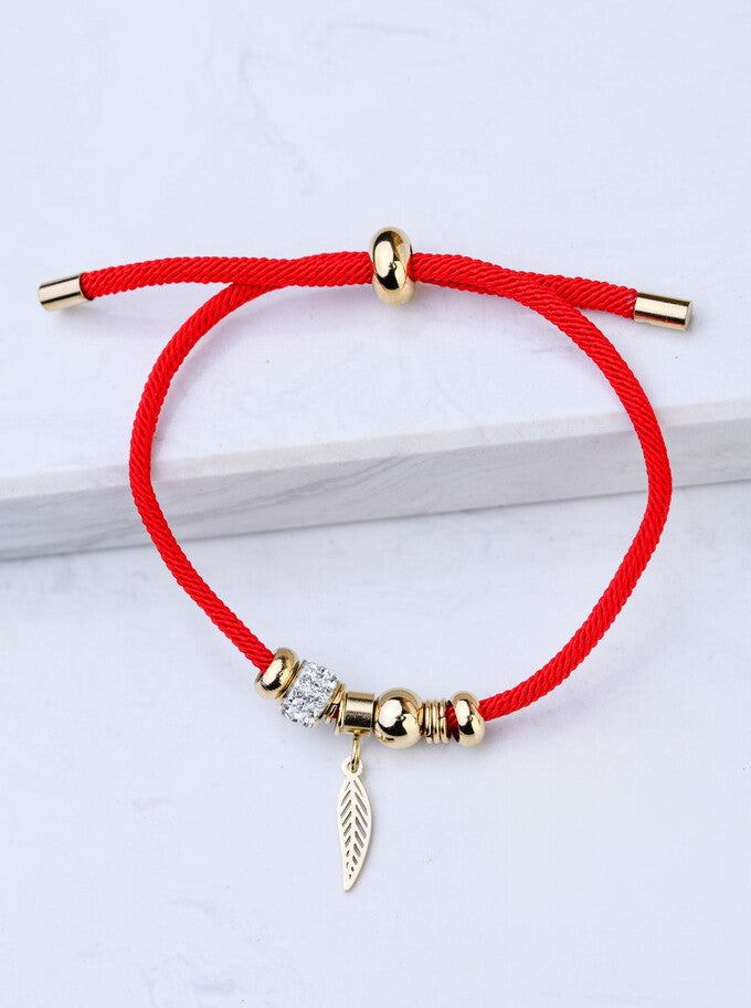 Lucky Red String Bracelet with Gold Feather and Zirconia Charm