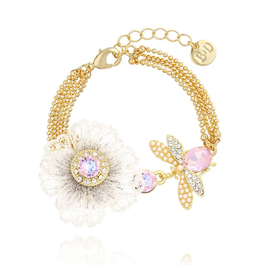 Light Pink Dragonfly and White Flower Multi Chain Bracelet