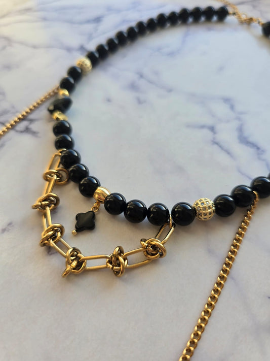 Gold Plated Statement Black Onyx Necklace with Clovers and Zirconium Balls