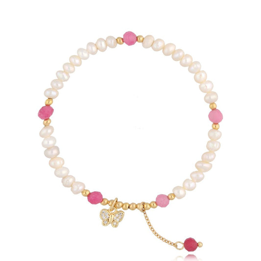 Pearls & Pink Butterfly Bracelet with Pink Bead Pendant