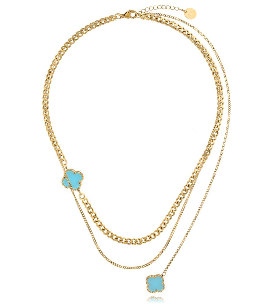 Gold Plated Double Chain Necklace with Tiffany Turquoise Clover 0285