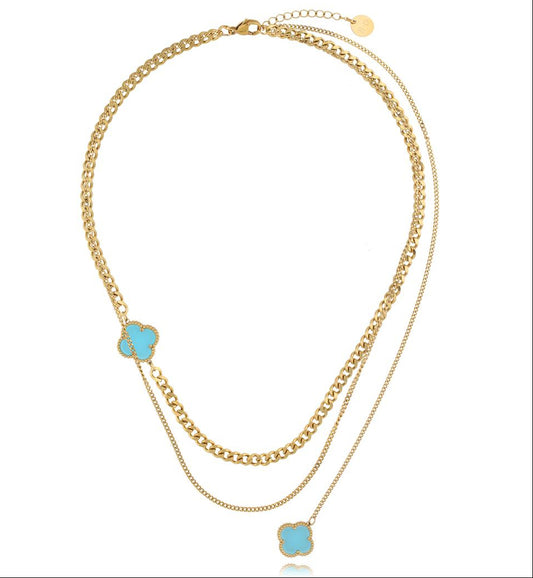 Gold Plated Double Chain Necklace with Tiffany Turquoise Clover 0285