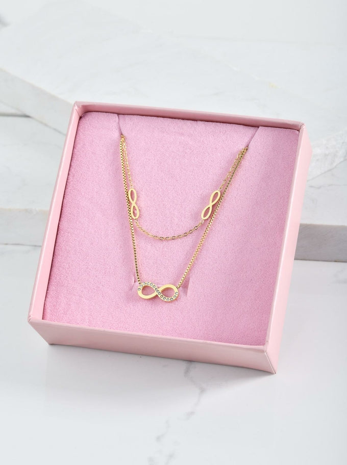 14k Gold Plated Double Chain Necklace with Crystal Infinity Pendants