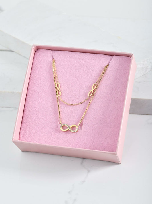 14k Gold Plated Double Chain Necklace with Crystal Infinity Pendants