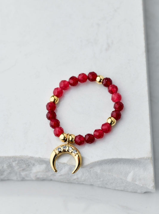 Gold Plated Ruby Red Stones Ring with Crystal Moon