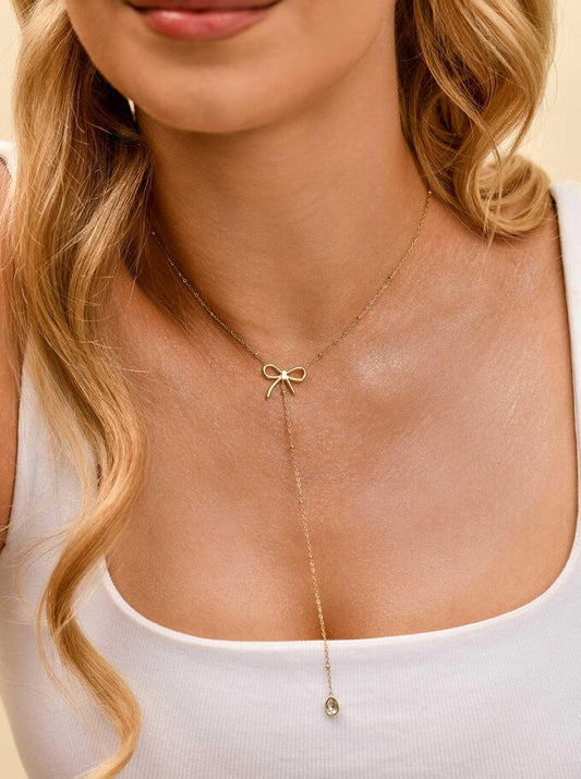 14k Gold Plated Lariat Bow Necklace with Crystal Teardrop