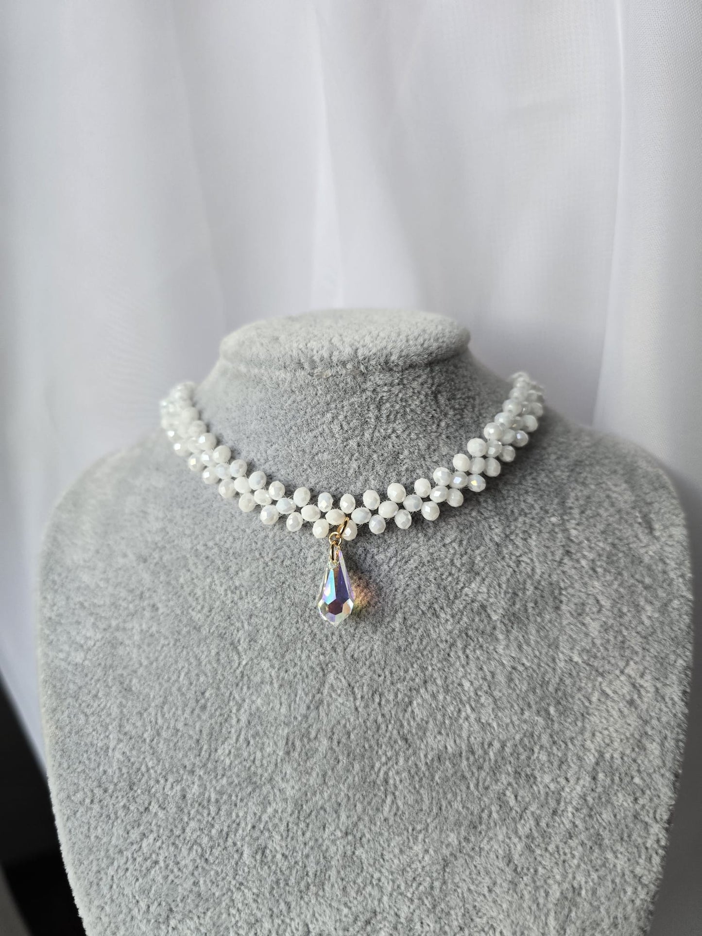 3 Row Glamour White Luminous Crystals Choker with Swarovski Crystal Teardrop