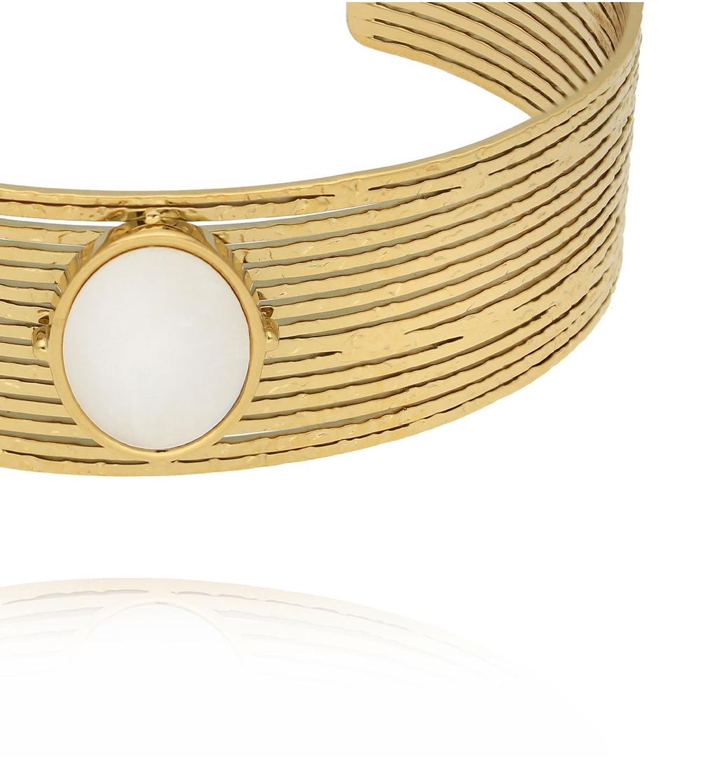 Gold Plated Earth Song Wide Cuff Bracelet with White Pearl