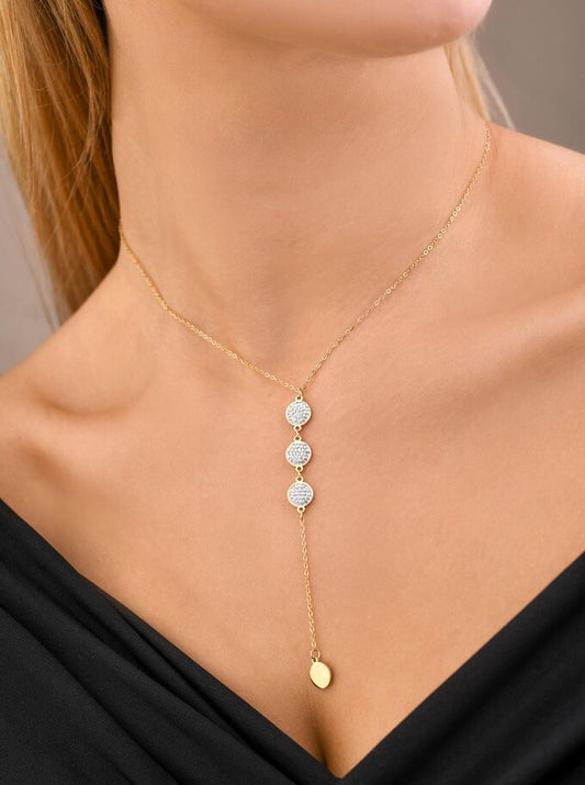14k Gold Plated Lariat Necklace with Crystal Flat Discs