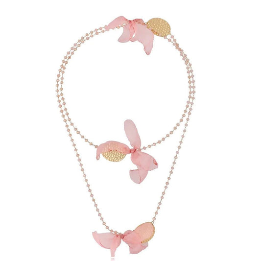 Long Gold Chain Necklace with Silk Pink Flowers and Beige Crystals
