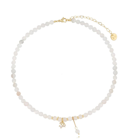 White Moon Stones Necklace with Zircon Cherries and Stone Pendant
