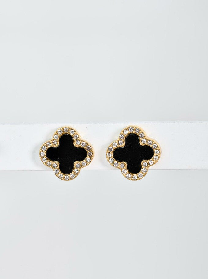 14k Gold Plated Crystal Clover With Black Enamel Stud Earrings