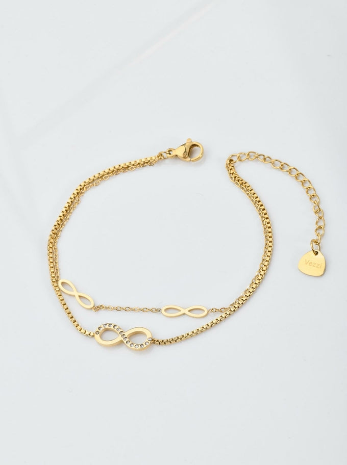 14k Gold Plated Double Chain Bracelet with Crystal Infinity Pendants