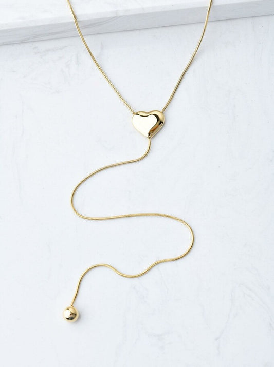 14k Gold Plated Y Necklace with Heart and Gold Ball