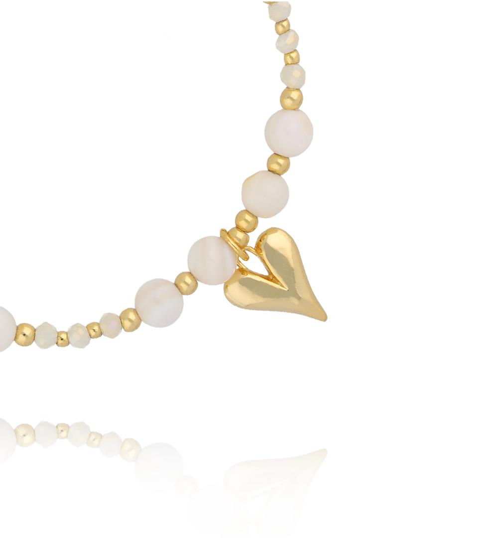 White Sea Shell Stones Bracelet with Gold Heart Pendant 2377