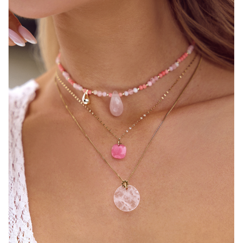 Pink Quartz and Opal Necklace with Gold Nature’s Tear Drop