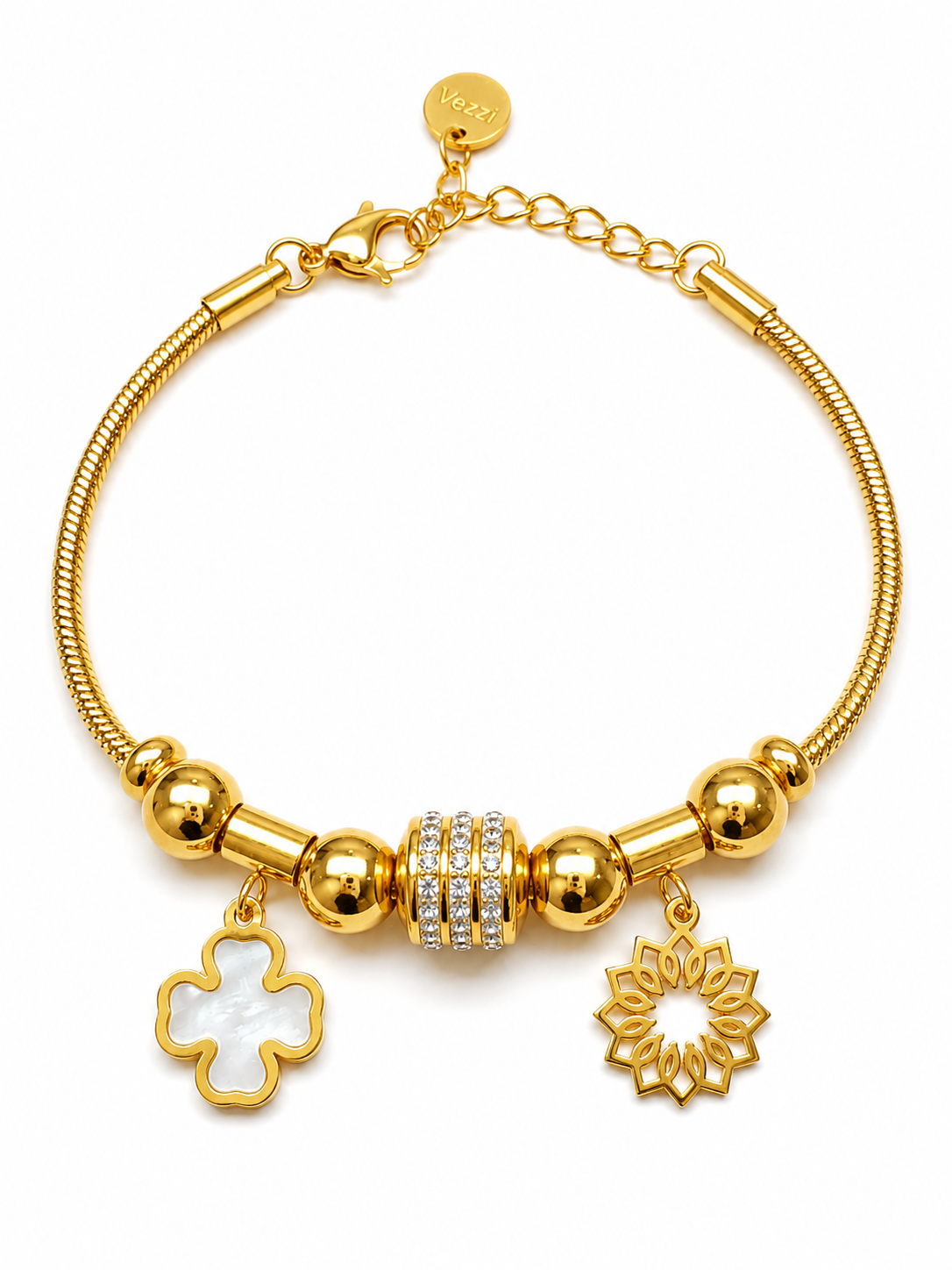14k Gold Plated Statement Bracelet with Crystal Charm, Clover and Flower Pendants