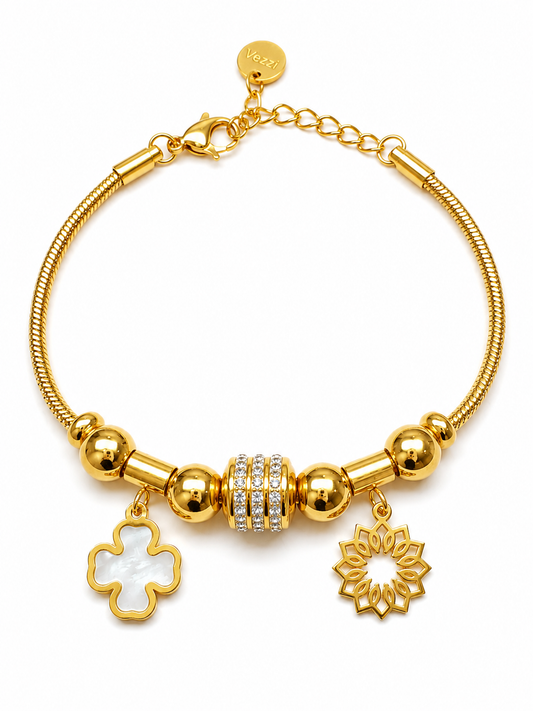 14k Gold Plated Statement Bracelet with Crystal Charm, Clover and Flower Pendants