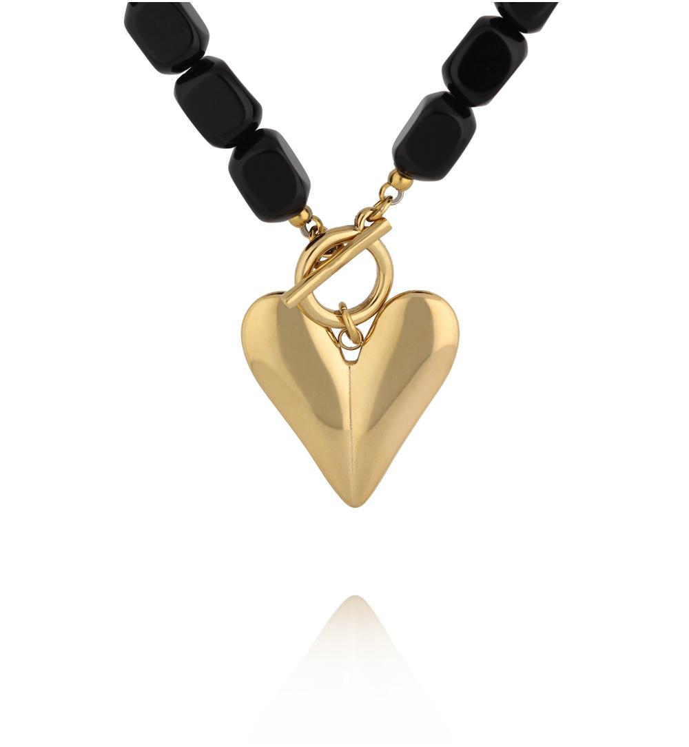 Glam Rock Rectangular Black Faceted Beads Necklace with Gold Heart