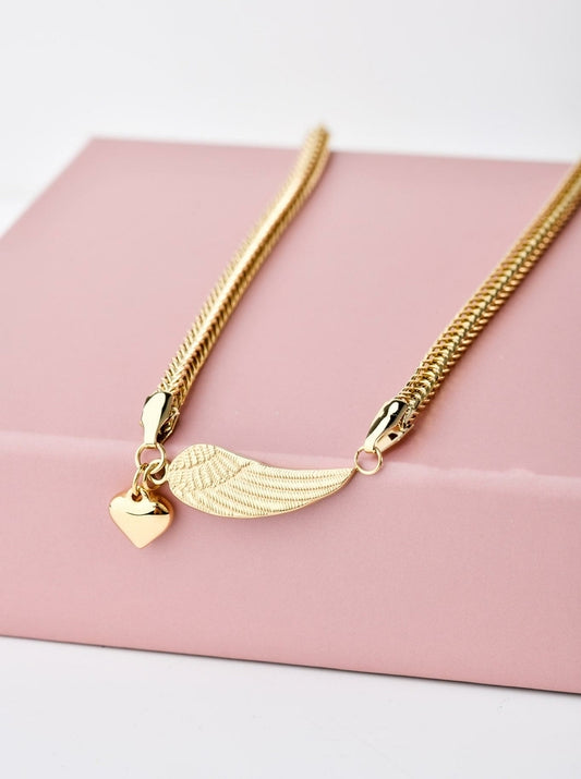 14k Gold Plated Wing & Heart Chain Necklace