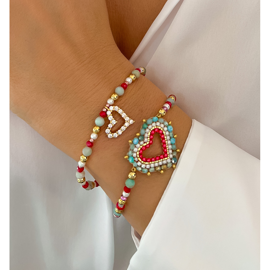 Pastel Glass Jadeite Stone Bracelet with Heart