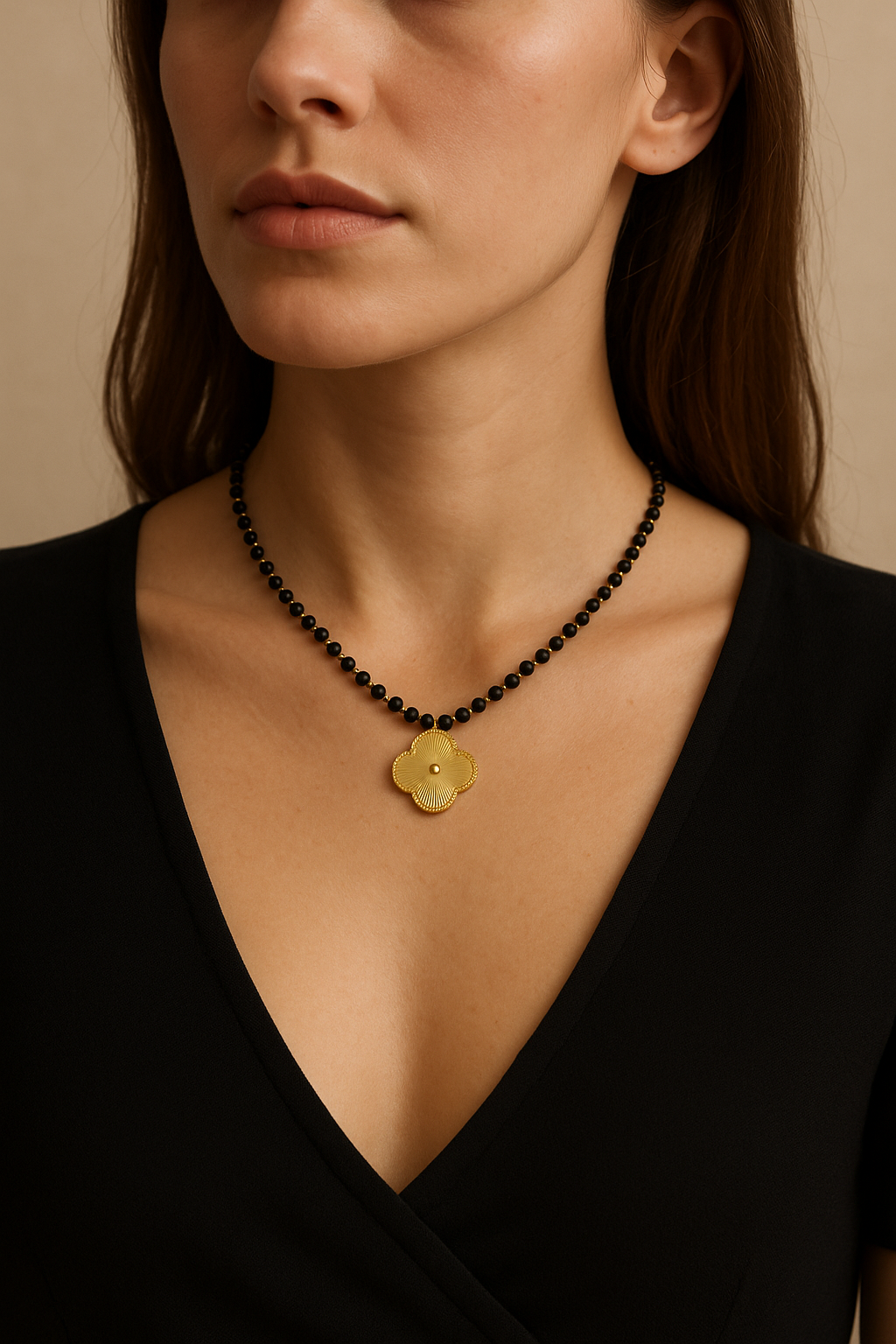 Gold Plated Necklace with Black Tourmaline Stones and Clover