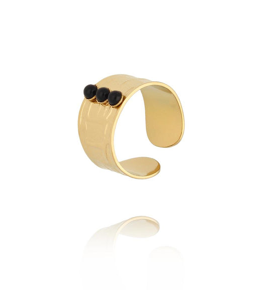 Gold Plated Wide Adjustable Ring with Black Agate Stones