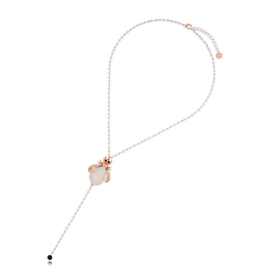 Rose Gold Lariat Milk White Beetle Necklace with White Crystals