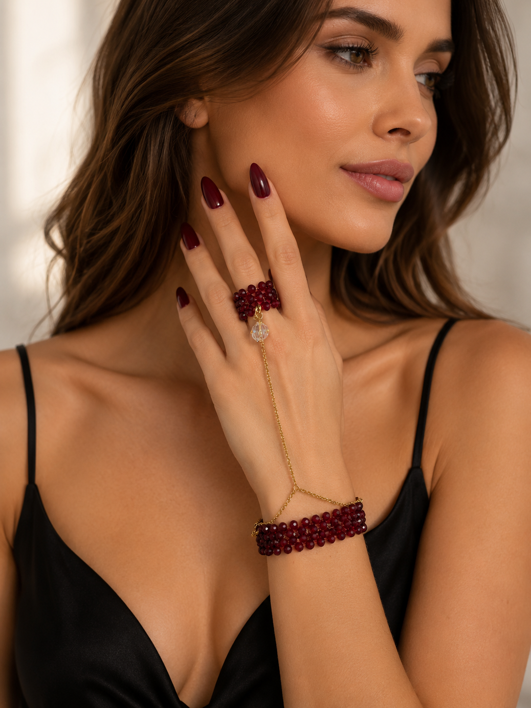 5 Row Gold Plated Ring Bracelet with Swarovski Ball Ruby Love