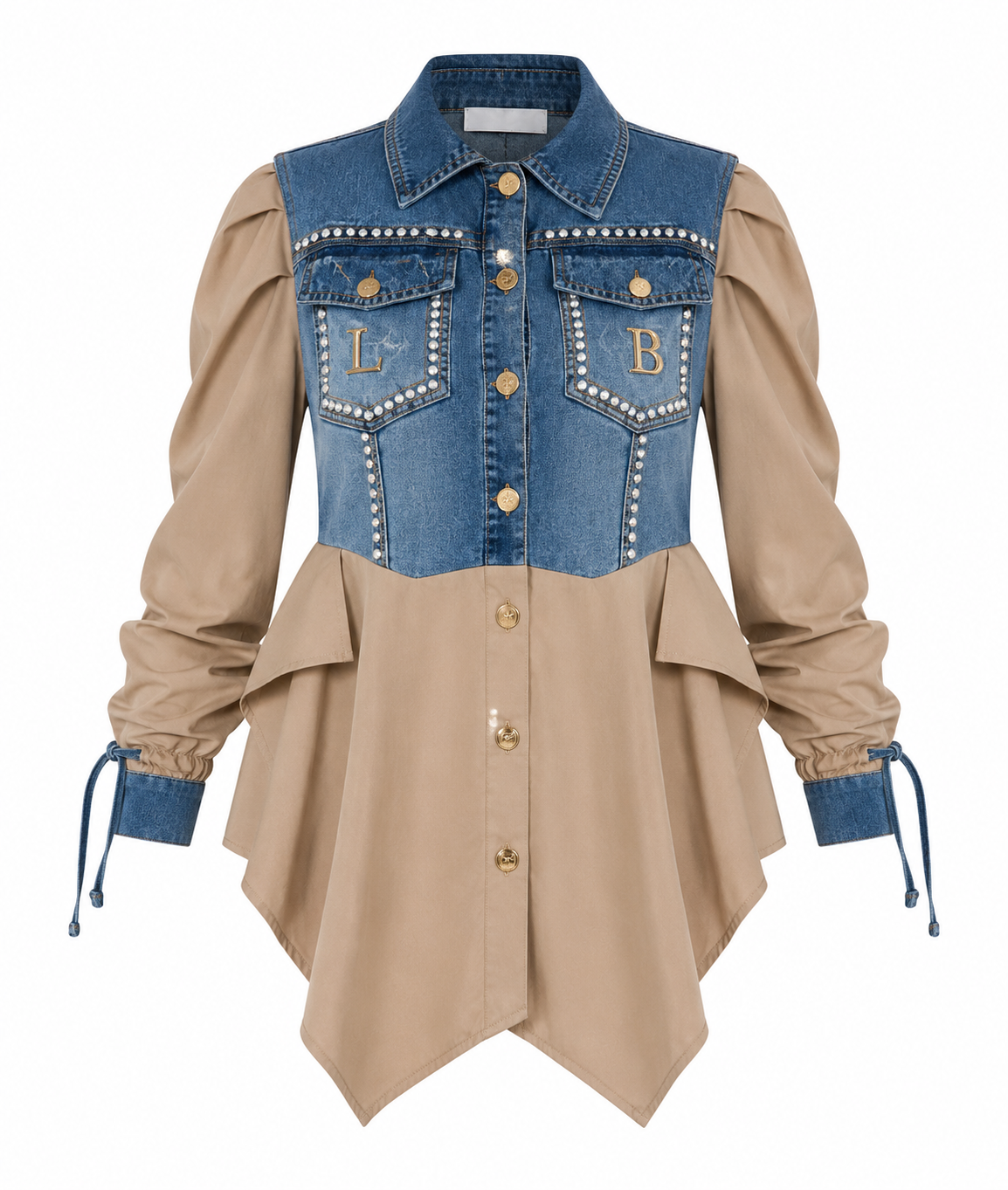 Denim and Beige Couture Blouse with Ruffle Sleeves LB