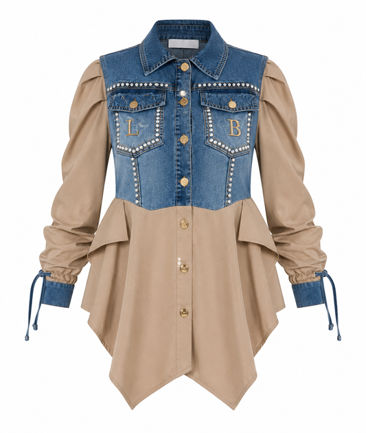 Denim and Beige Couture Blouse with Ruffle Sleeves LB