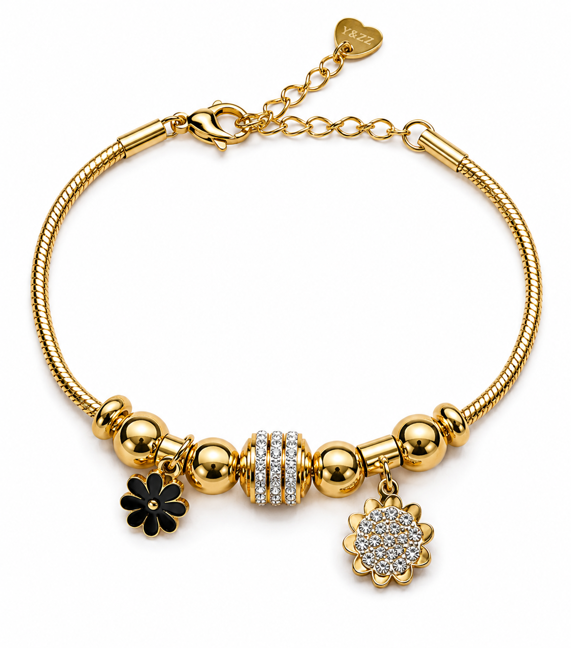 14k Gold Plated Statement Bracelet with Crystal Charm and Flower Pendants