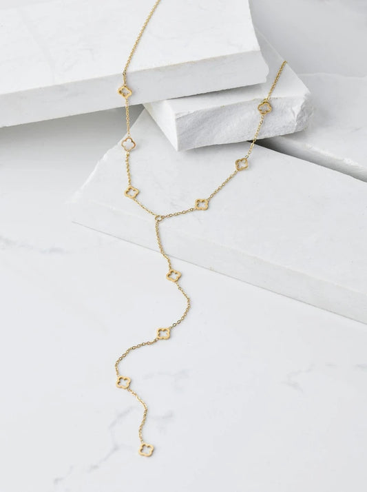 14K Gold Plated Lariat Necklace with Small Open Clovers