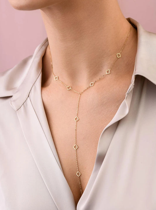 14K Gold Plated Lariat Necklace with Small Open Clovers