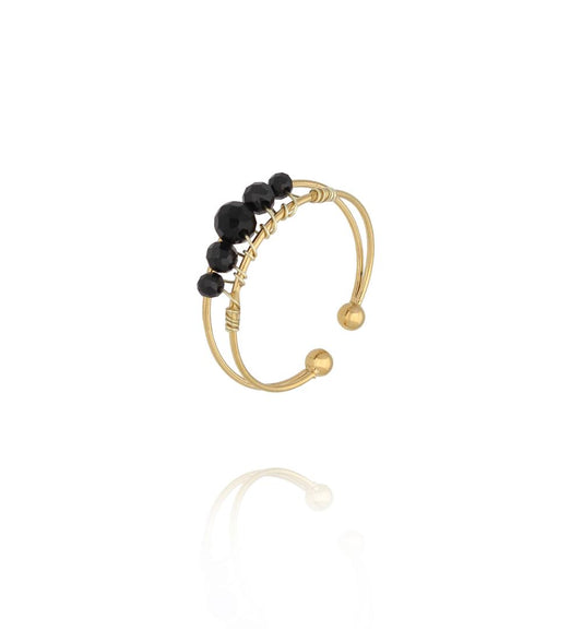 Gold Plated Adjustable Ring with Black Agate Stones
