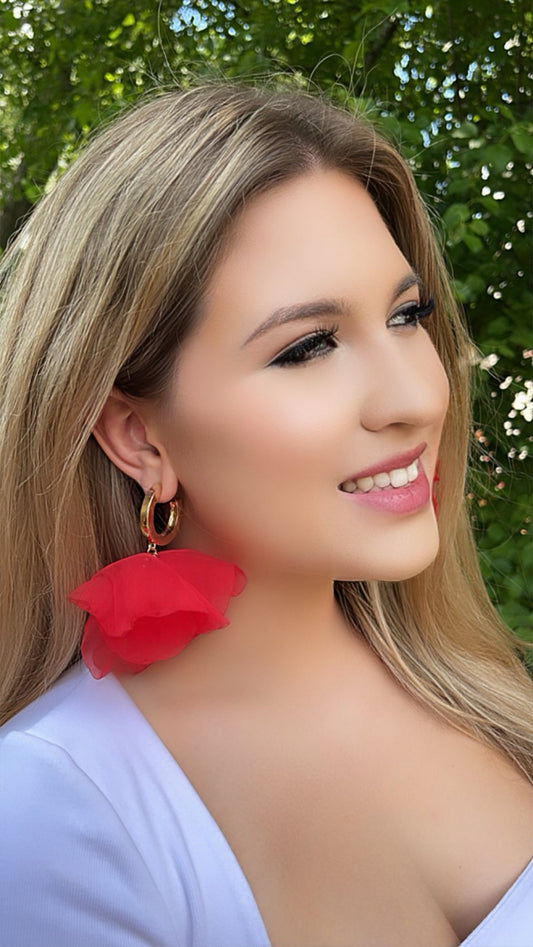 Hoop Hot Red Silk Flower Earrings