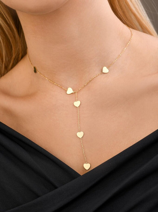 14k Gold Plated Lariat Necklace with Flat Hearts