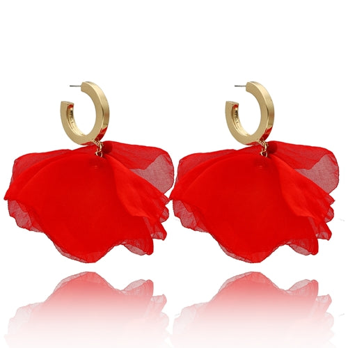 Hoop Hot Red Silk Flower Earrings