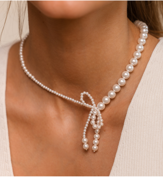 Multi Size Glass Pearls Necklace with Bow Pearls Sea 0274