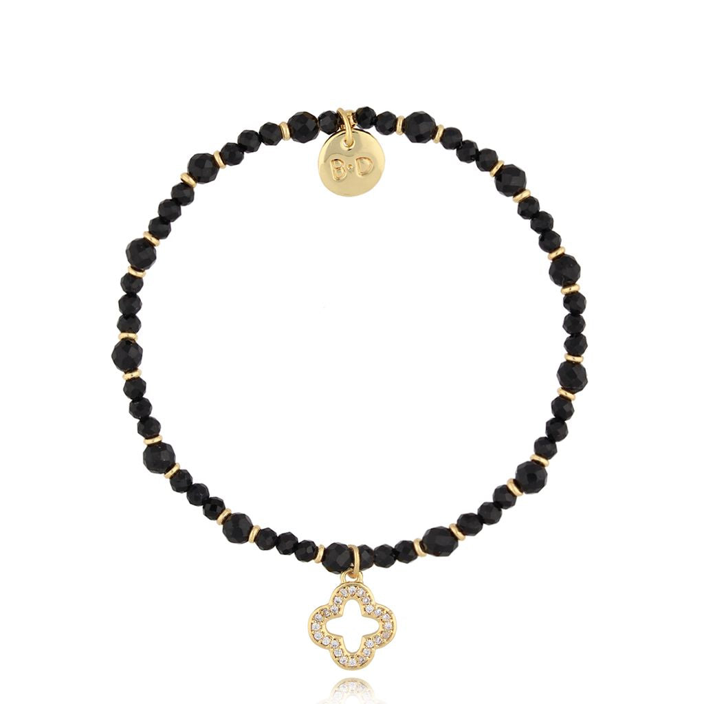 Black Tourmaline Stones Bracelet with Crystal Open Clover Pendant